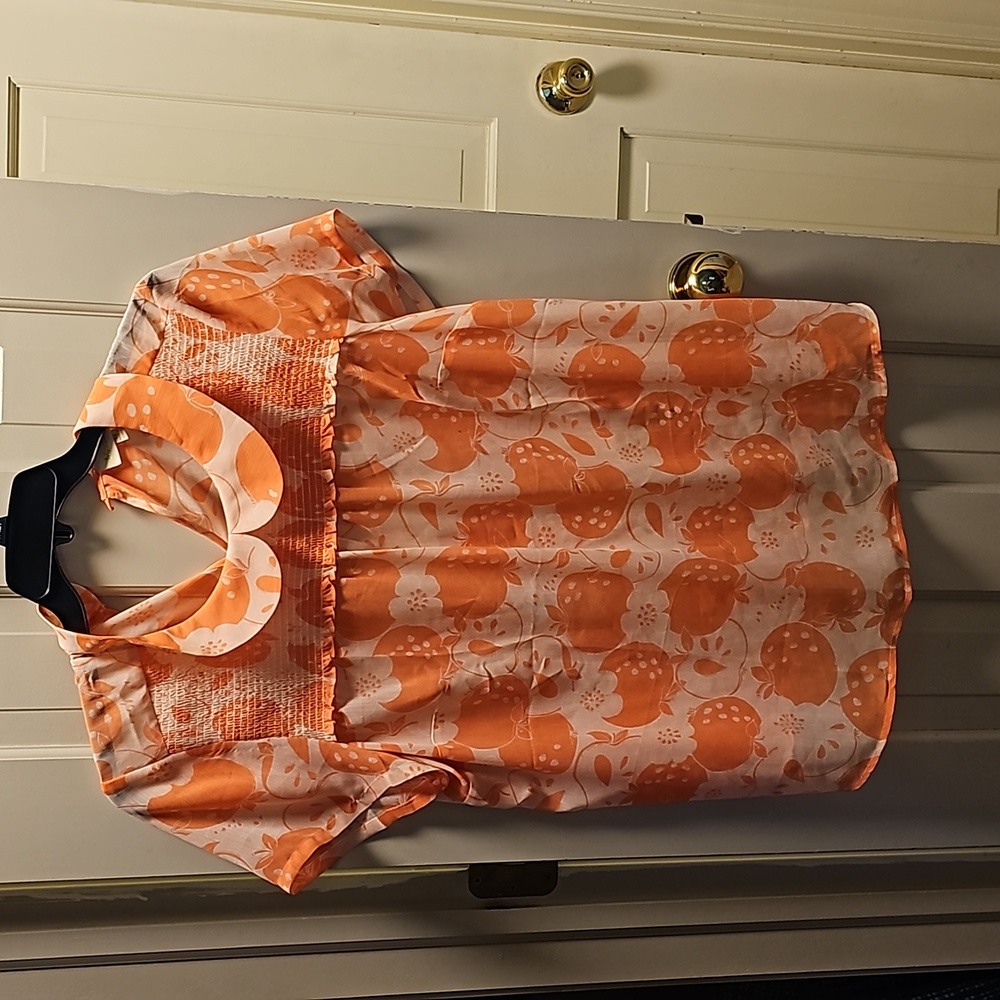 Modcloth peach sheer apple print top